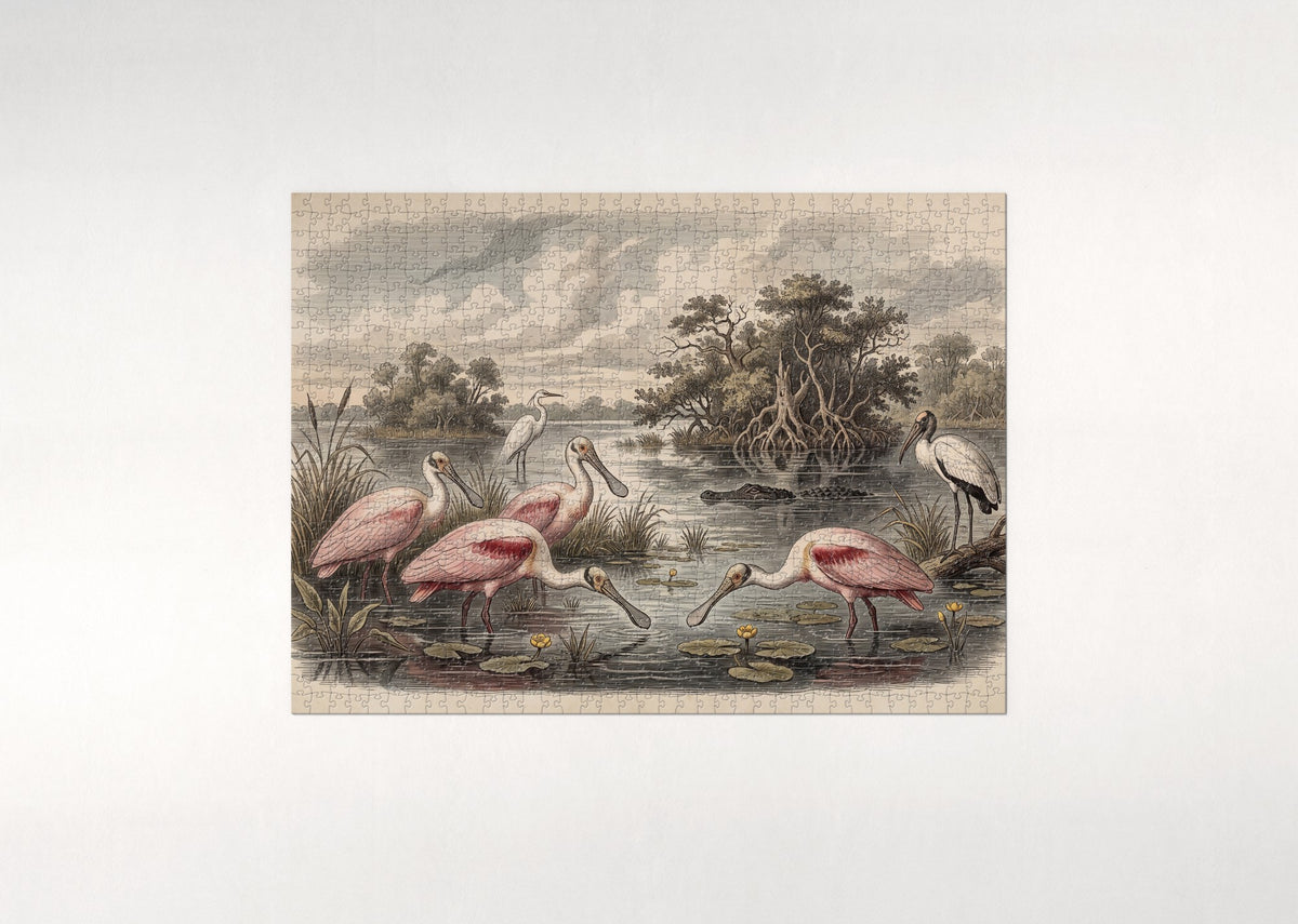 Roseate Spoonbills in the Everglades jigsaw puzzle - flat puzzle