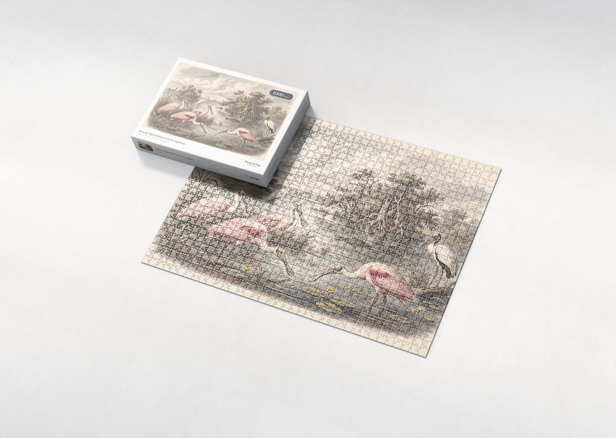 Roseate Spoonbills in the Everglades jigsaw puzzle - box and puzzle