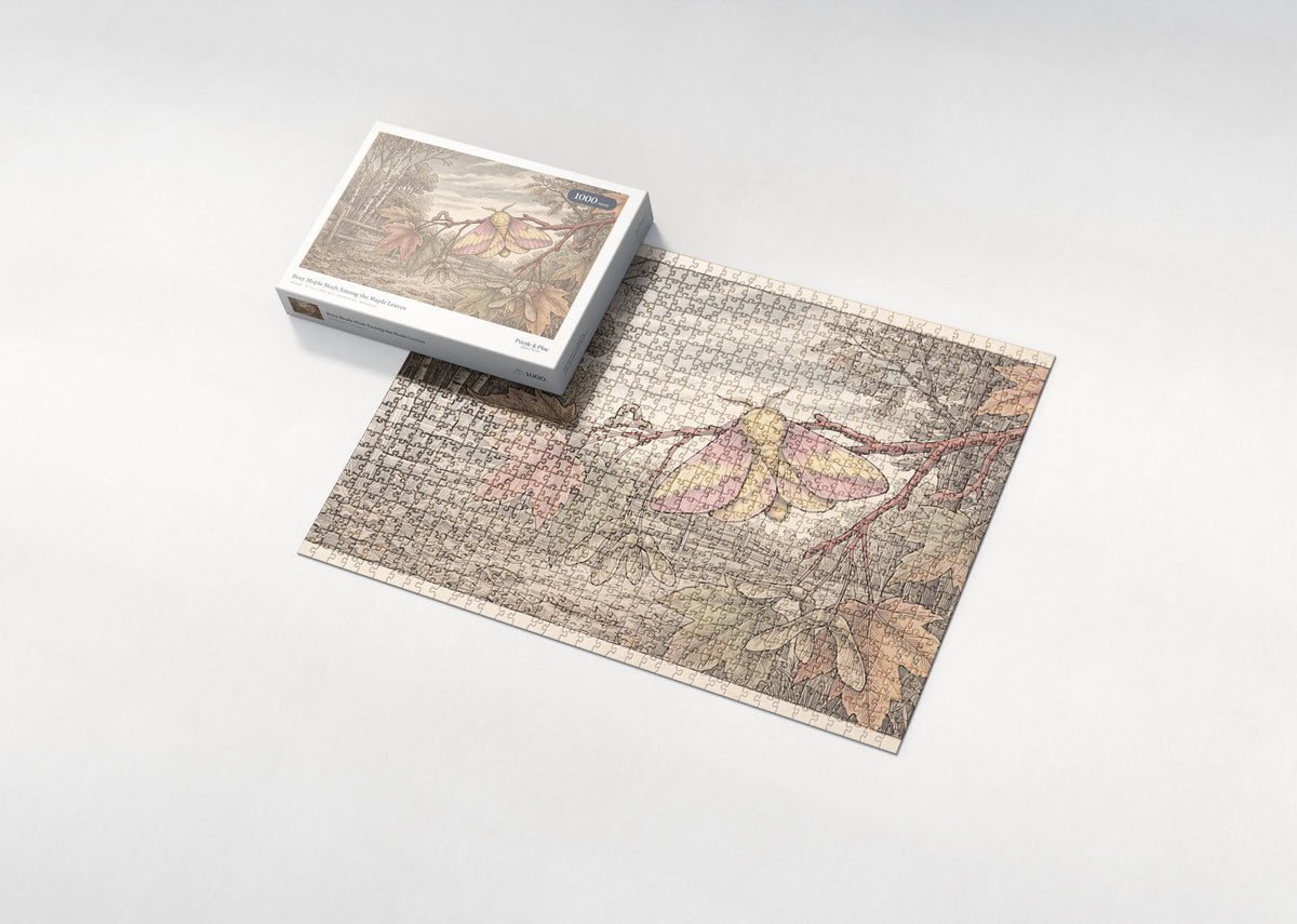 Rosy Maple Moth Among the Maple Leaves jigsaw puzzle - box and puzzle