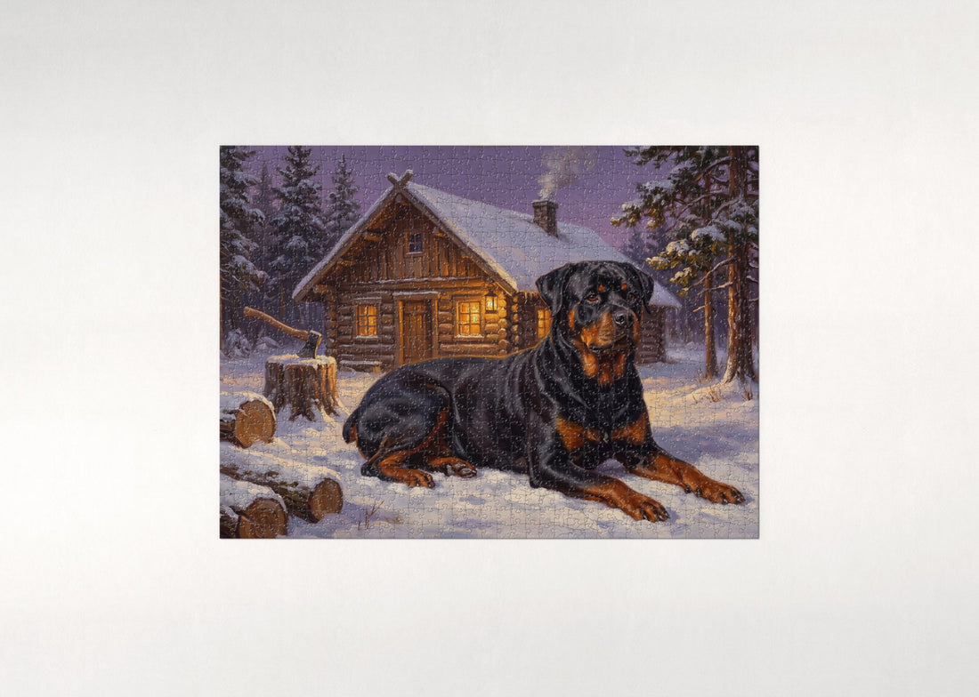 Rottweiler at the Snowy Timber Cabin jigsaw puzzle - gift box