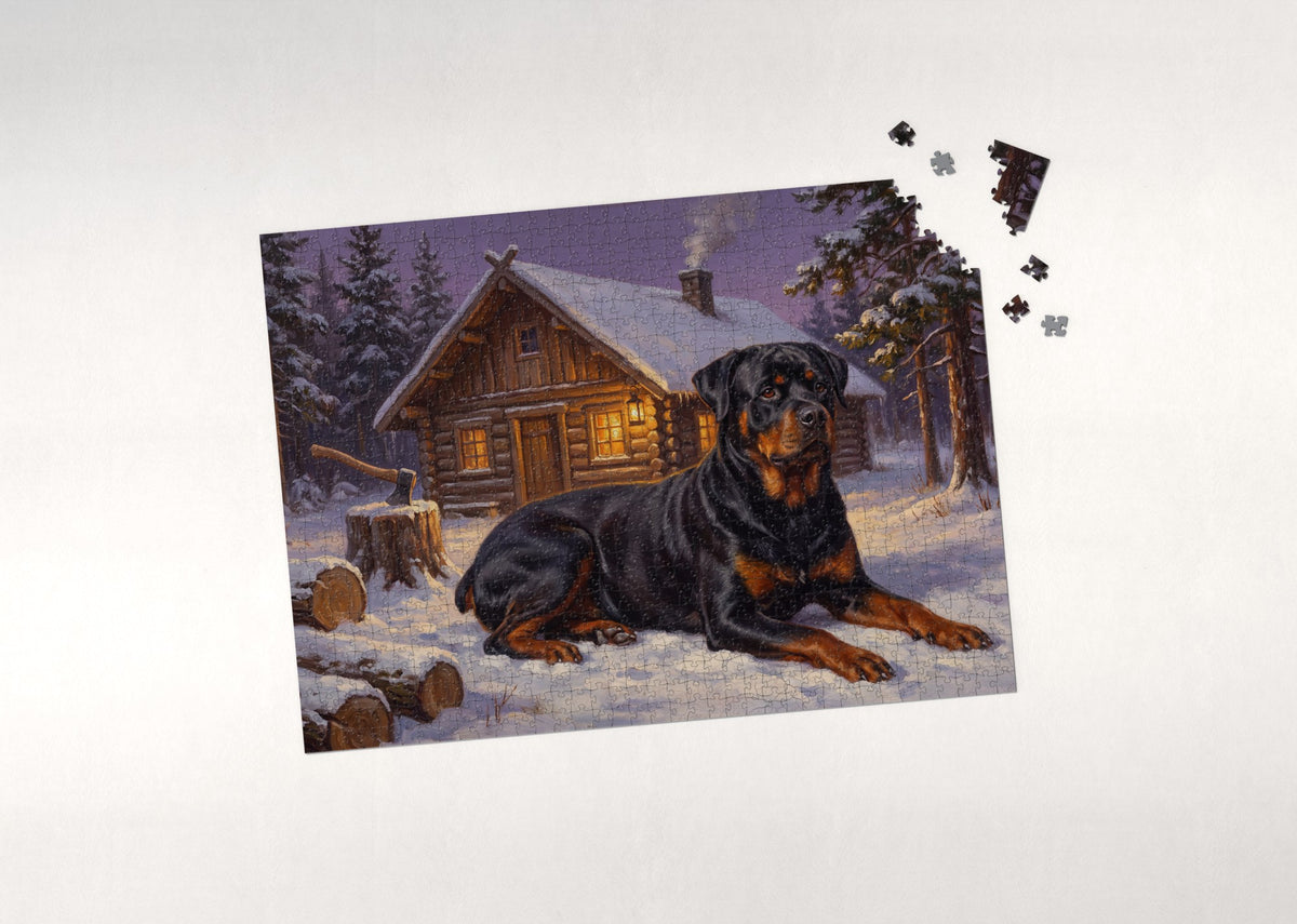 Rottweiler at the Snowy Timber Cabin jigsaw puzzle - puzzle with loose pieces