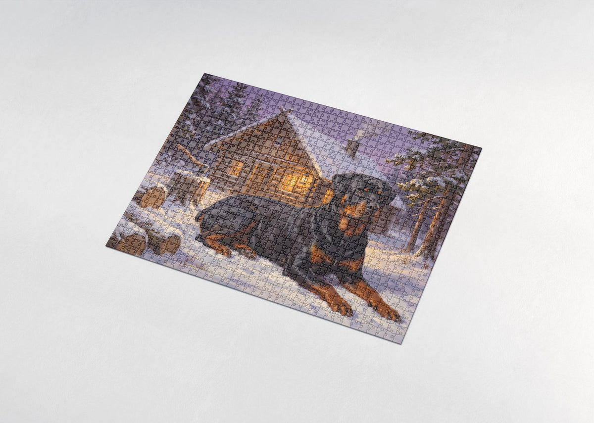 Rottweiler at the Snowy Timber Cabin jigsaw puzzle - assembled puzzle
