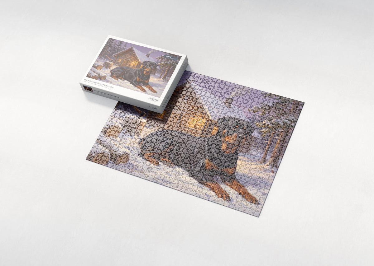 Rottweiler at the Snowy Timber Cabin jigsaw puzzle - box and puzzle