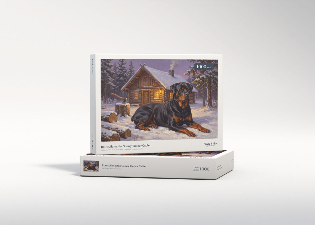 Rottweiler at the Snowy Timber Cabin jigsaw puzzle - gift box