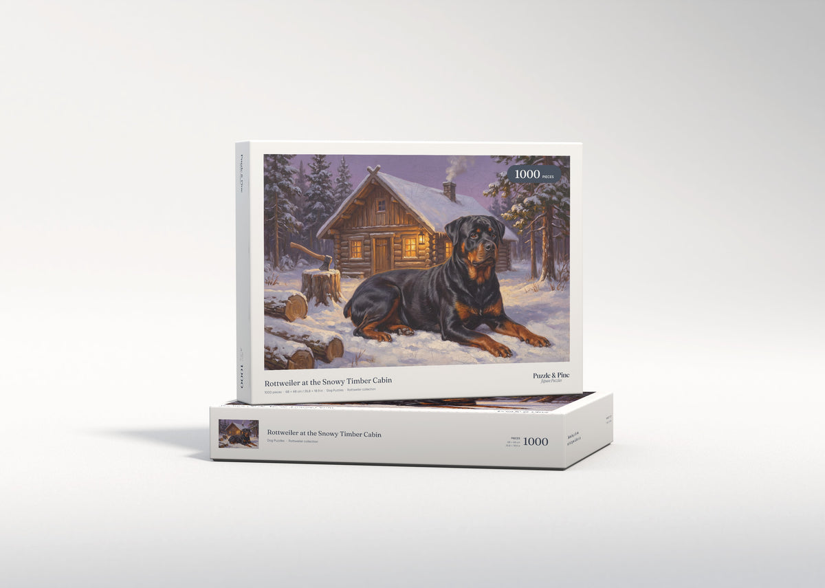 Rottweiler at the Snowy Timber Cabin jigsaw puzzle - gift box