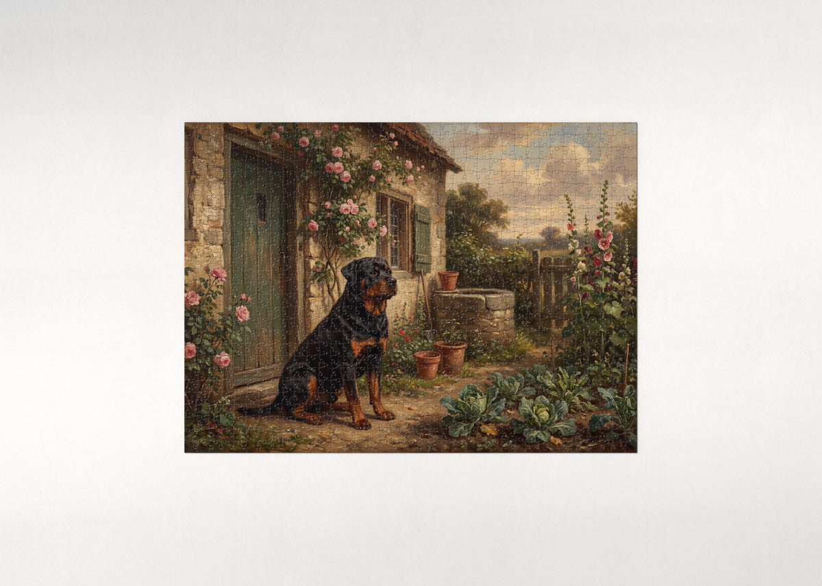 Rottweiler at the Stone Cottage Garden jigsaw puzzle - flat puzzle
