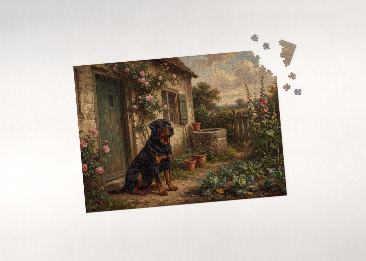 Rottweiler at the Stone Cottage Garden jigsaw puzzle - puzzle with loose pieces
