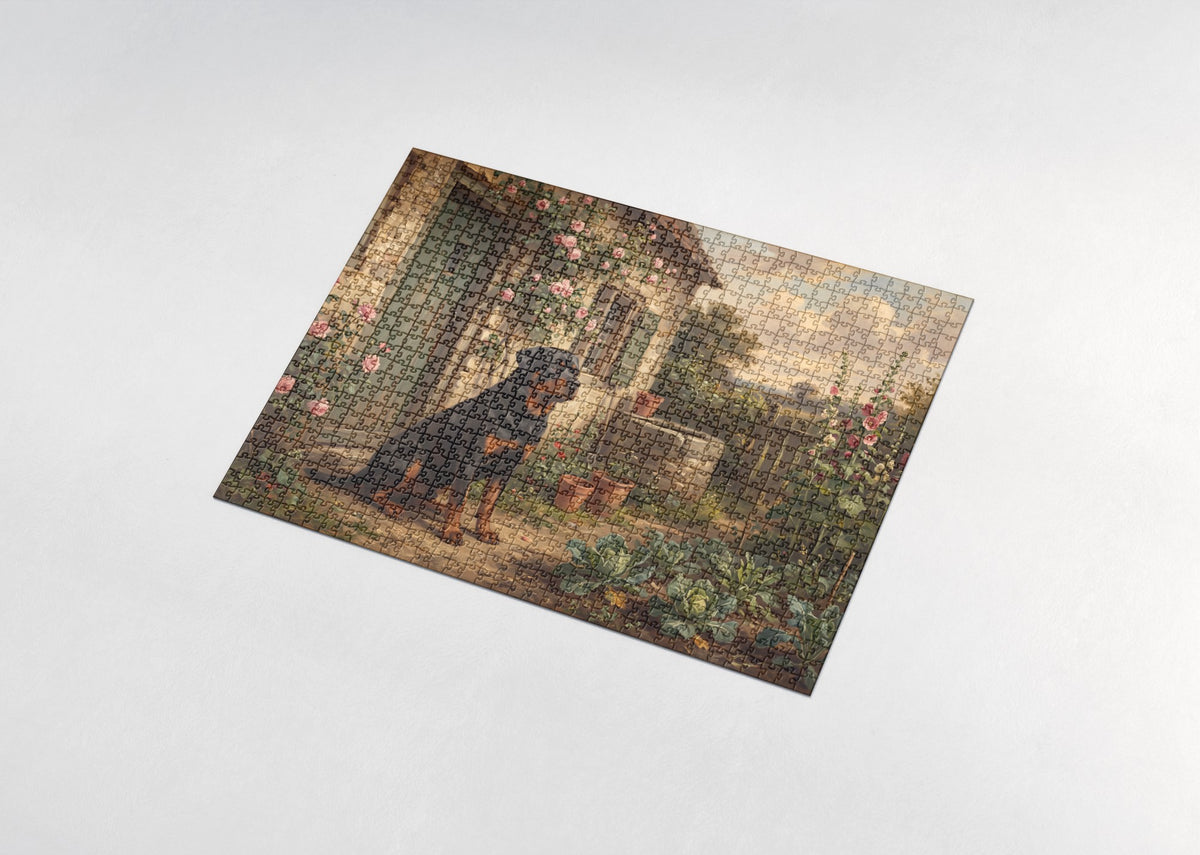 Rottweiler at the Stone Cottage Garden jigsaw puzzle - assembled puzzle