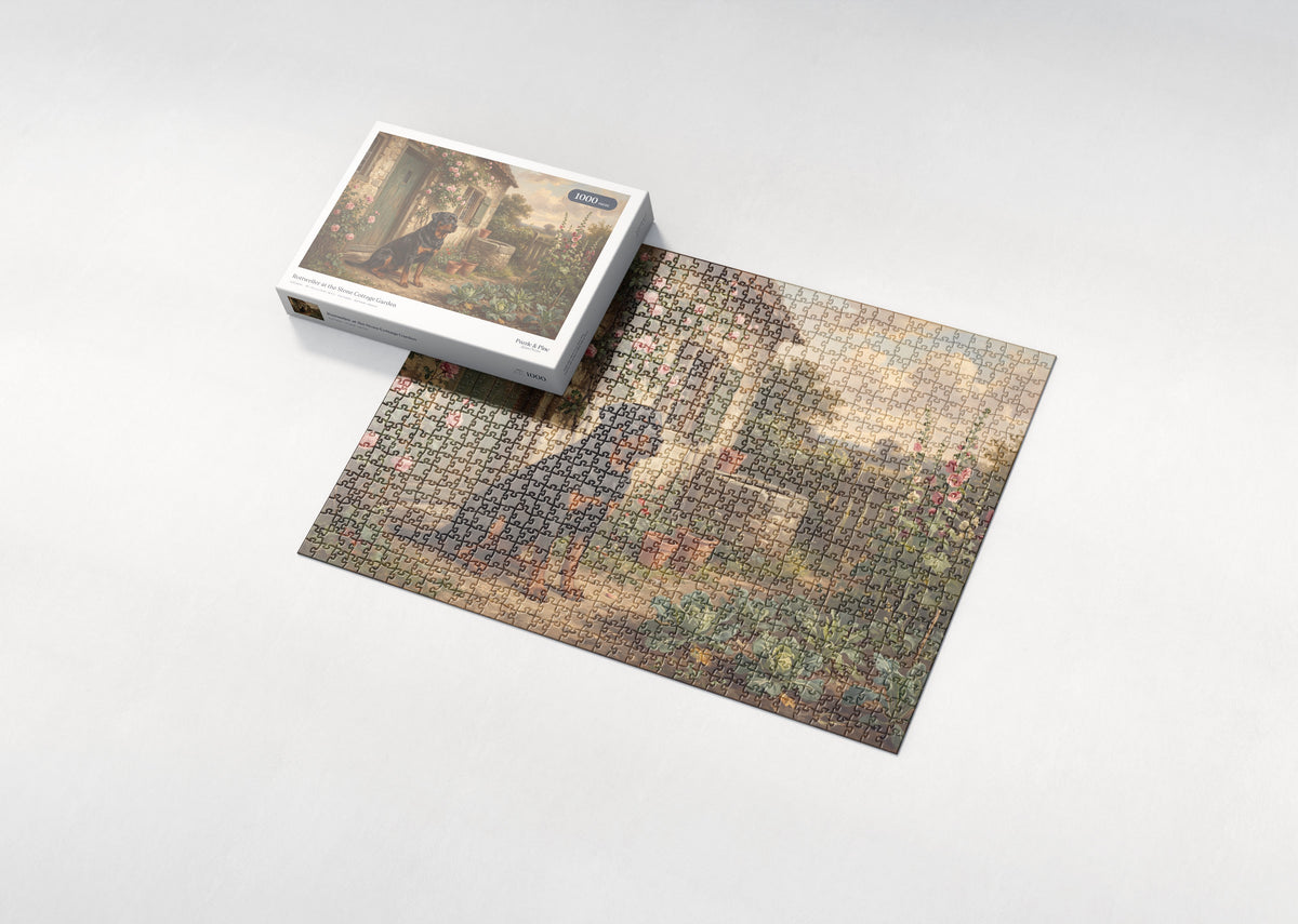 Rottweiler at the Stone Cottage Garden jigsaw puzzle - box and puzzle