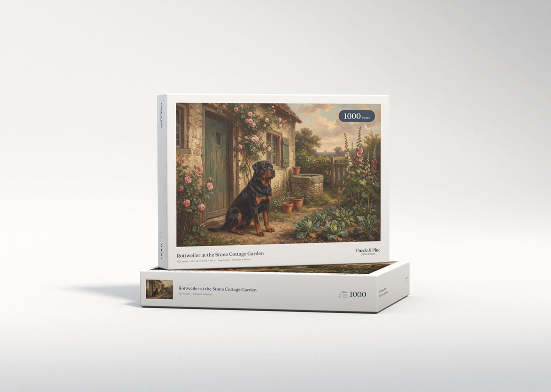 Rottweiler at the Stone Cottage Garden jigsaw puzzle - gift box