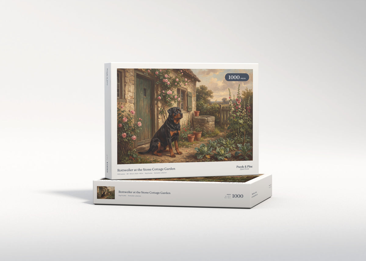 Rottweiler at the Stone Cottage Garden jigsaw puzzle - gift box