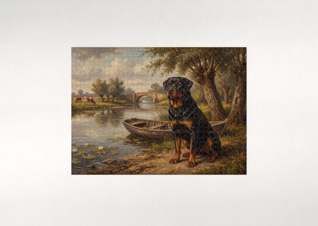 Rottweiler by the Summer Riverbank jigsaw puzzle - gift box