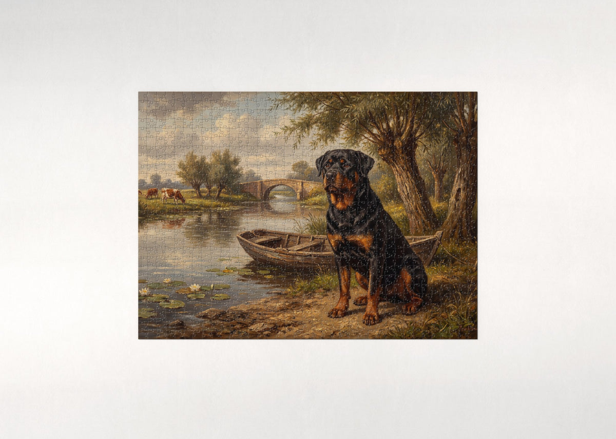 Rottweiler by the Summer Riverbank jigsaw puzzle - flat puzzle