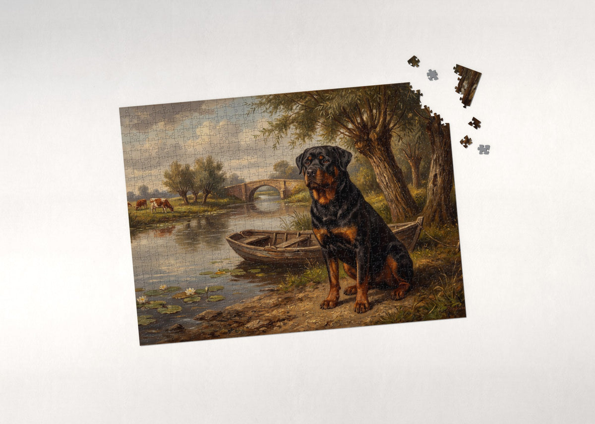 Rottweiler by the Summer Riverbank jigsaw puzzle - puzzle with loose pieces