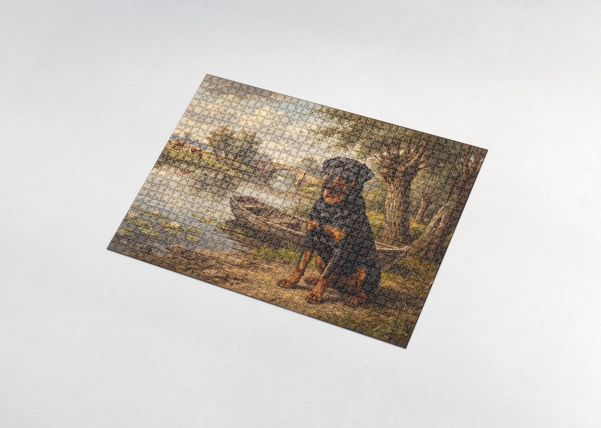 Rottweiler by the Summer Riverbank jigsaw puzzle - assembled puzzle