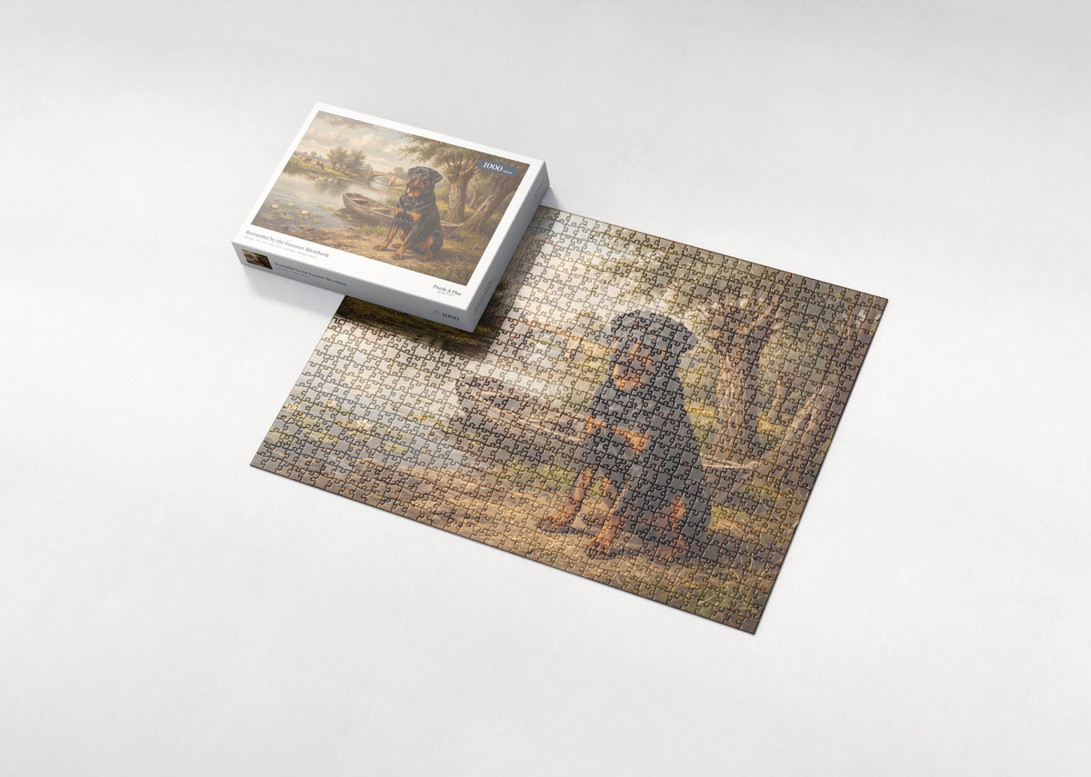 Rottweiler by the Summer Riverbank jigsaw puzzle - box and puzzle