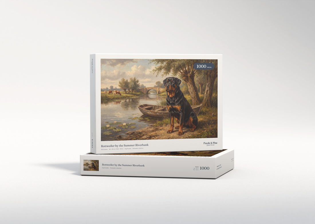 Rottweiler by the Summer Riverbank jigsaw puzzle - gift box