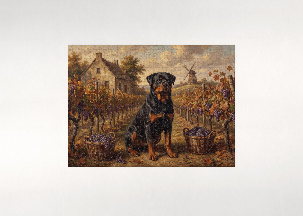 Rottweiler in the Autumn Vineyard Rows jigsaw puzzle - flat puzzle