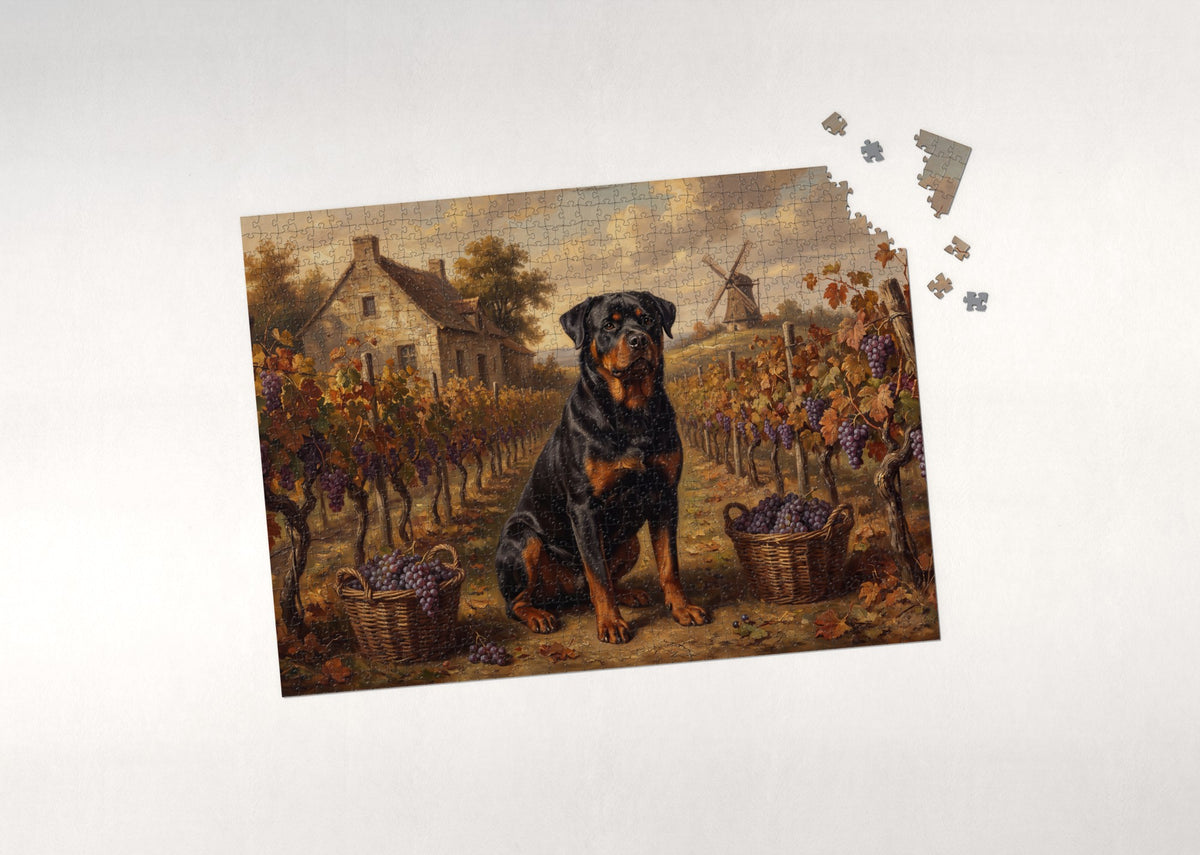 Rottweiler in the Autumn Vineyard Rows jigsaw puzzle - puzzle with loose pieces