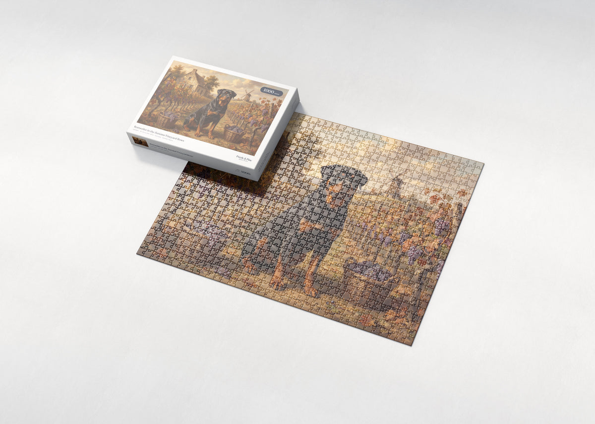 Rottweiler in the Autumn Vineyard Rows jigsaw puzzle - box and puzzle