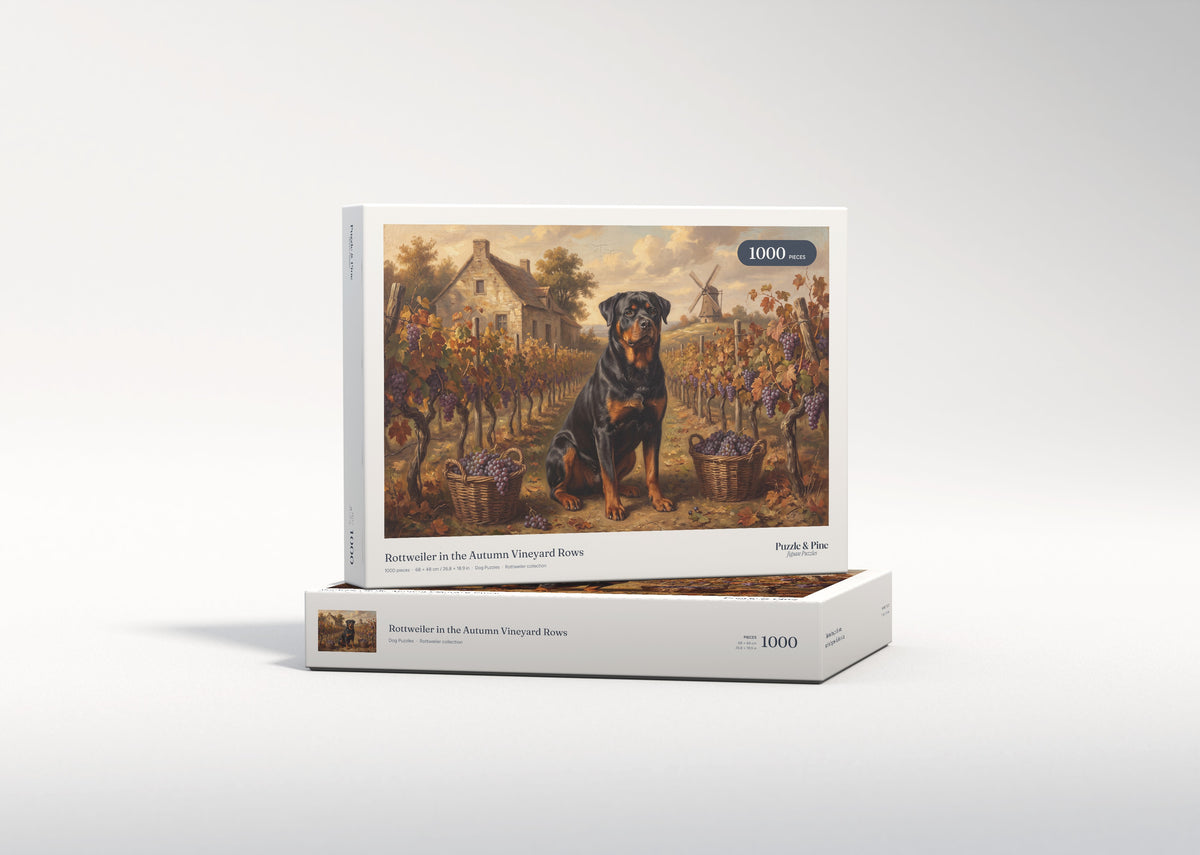 Rottweiler in the Autumn Vineyard Rows jigsaw puzzle - gift box