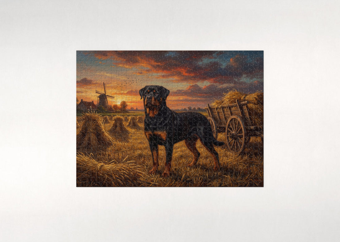 Rottweiler in the Harvest Field at Sunset jigsaw puzzle - gift box