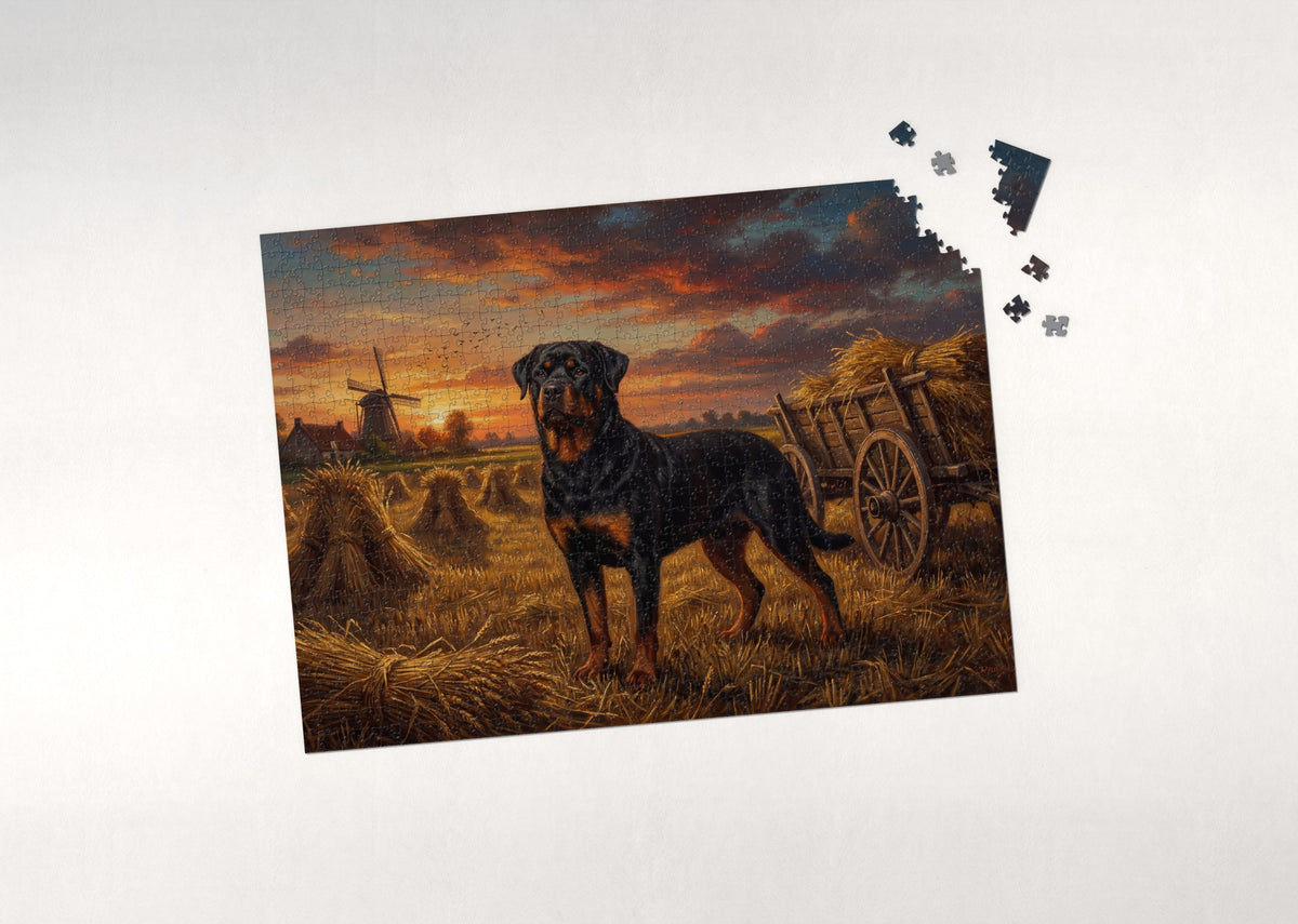 Rottweiler in the Harvest Field at Sunset jigsaw puzzle - puzzle with loose pieces