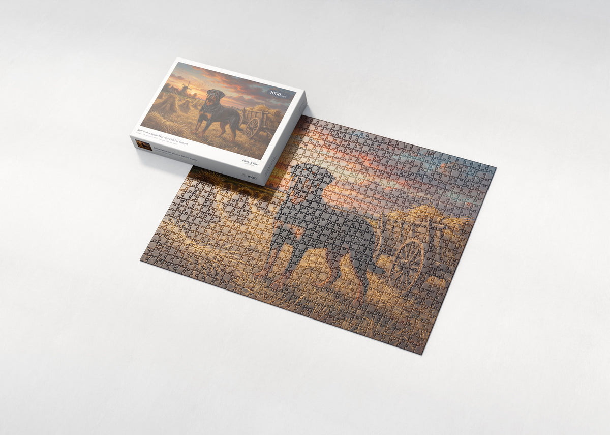 Rottweiler in the Harvest Field at Sunset jigsaw puzzle - box and puzzle