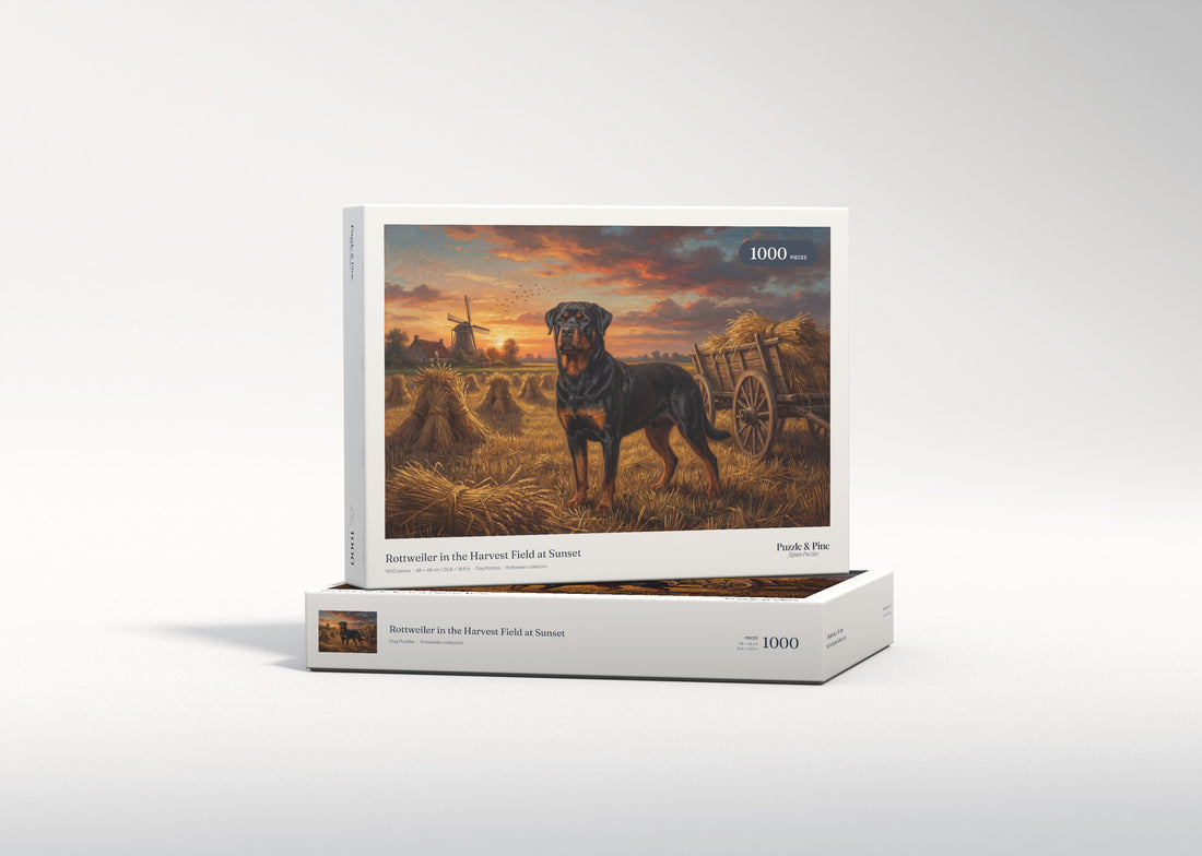 Rottweiler in the Harvest Field at Sunset jigsaw puzzle - gift box