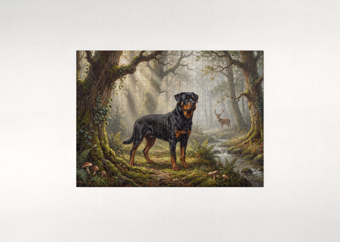 Rottweiler in the Oak Forest Morning jigsaw puzzle - gift box