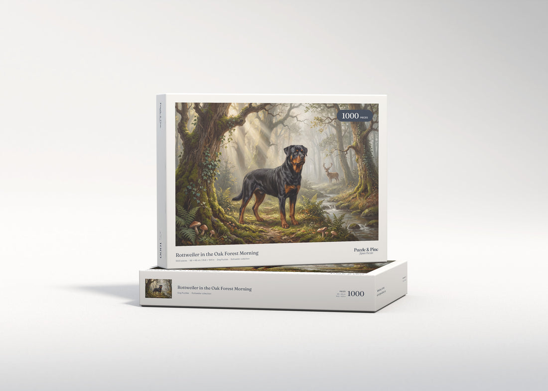 Rottweiler in the Oak Forest Morning jigsaw puzzle - gift box