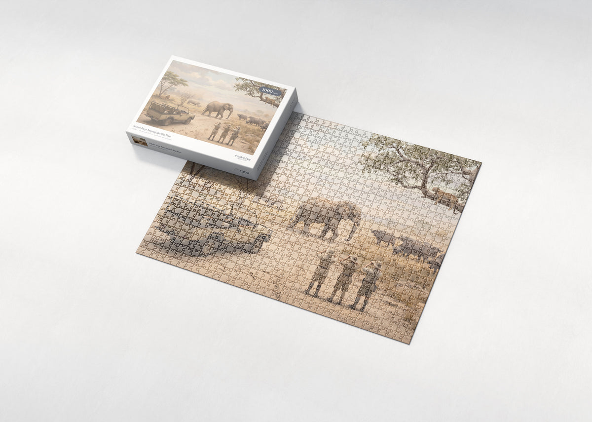 Safari Jeep Among the Big Five jigsaw puzzle - box and puzzle