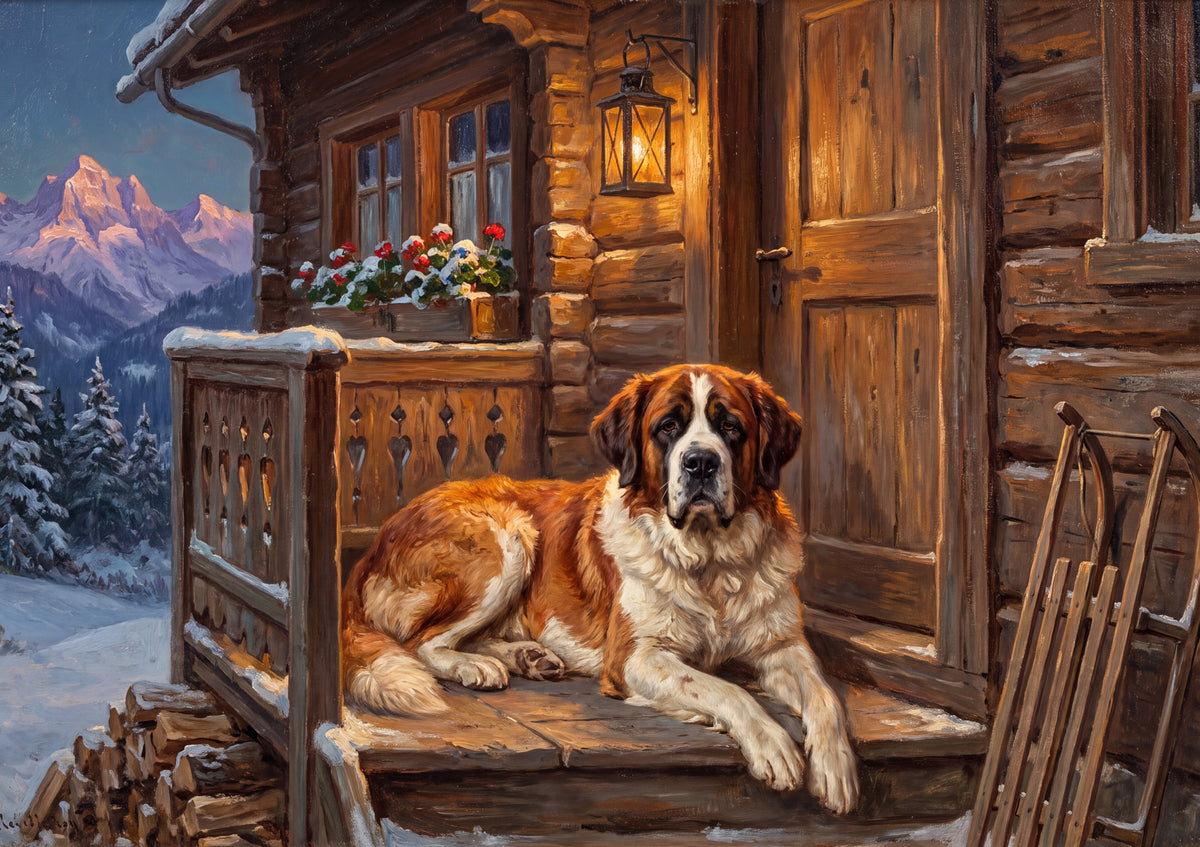 Saint Bernard at the Chalet Doorstep jigsaw puzzle