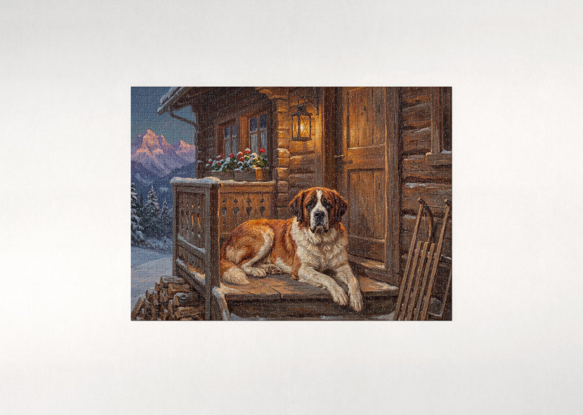 Saint Bernard at the Chalet Doorstep jigsaw puzzle - flat puzzle