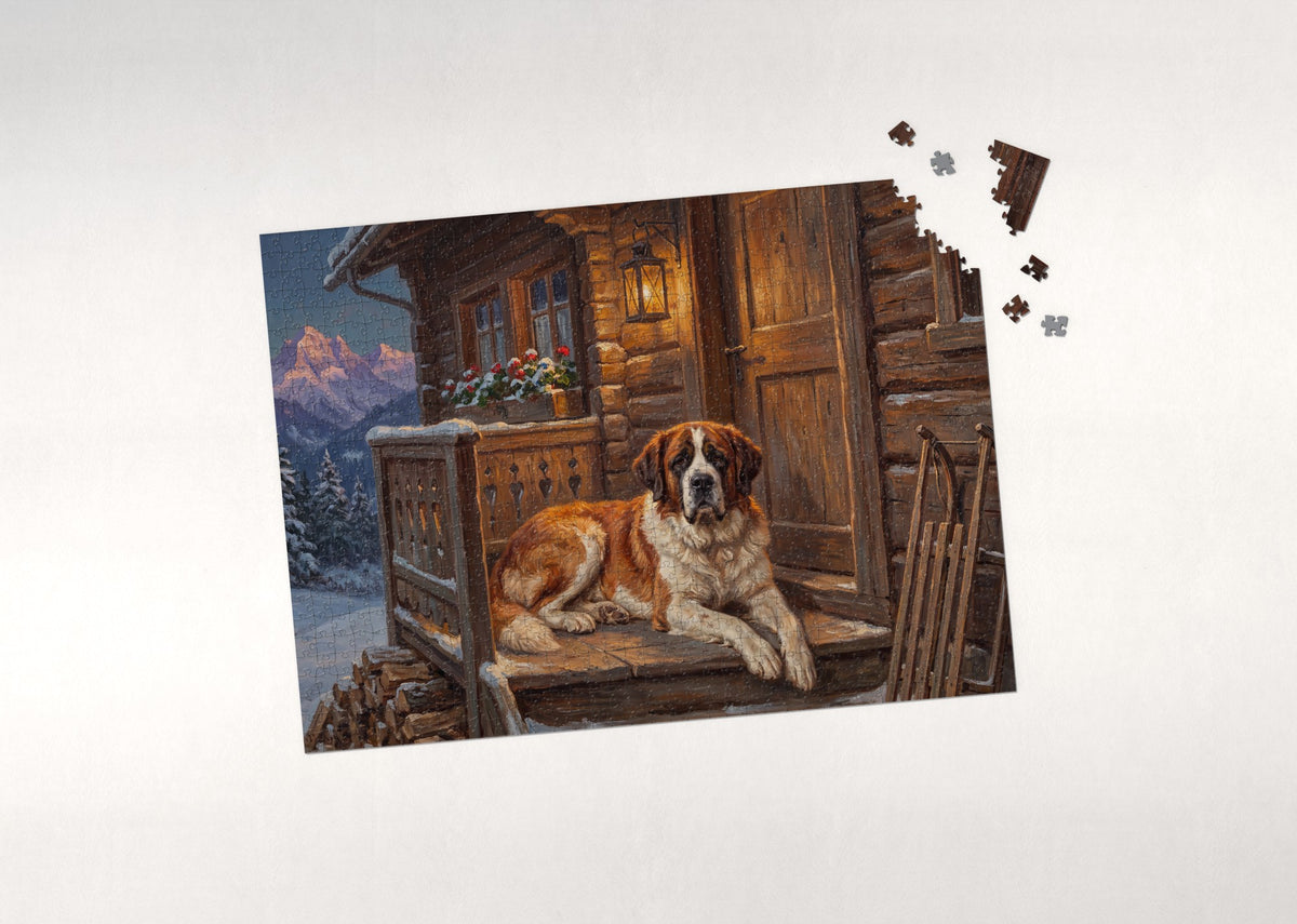 Saint Bernard at the Chalet Doorstep jigsaw puzzle - puzzle with loose pieces