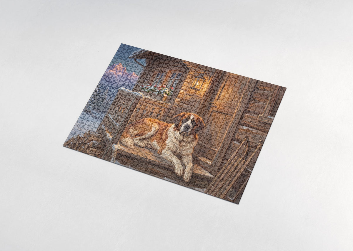 Saint Bernard at the Chalet Doorstep jigsaw puzzle - assembled puzzle