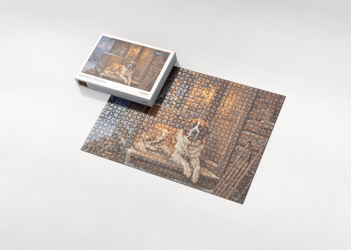 Saint Bernard at the Chalet Doorstep jigsaw puzzle - box and puzzle