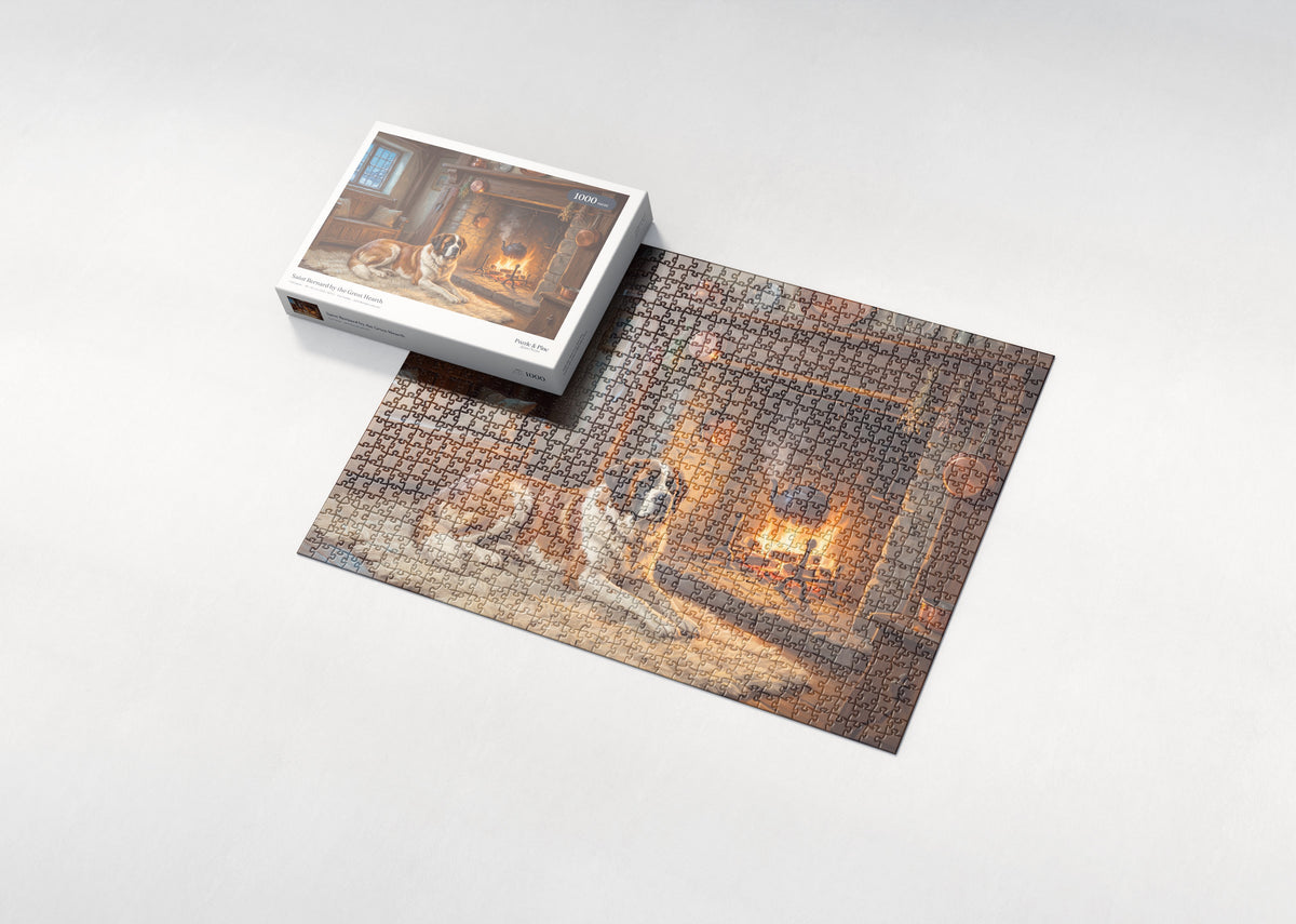 Saint Bernard by the Great Hearth jigsaw puzzle - box and puzzle