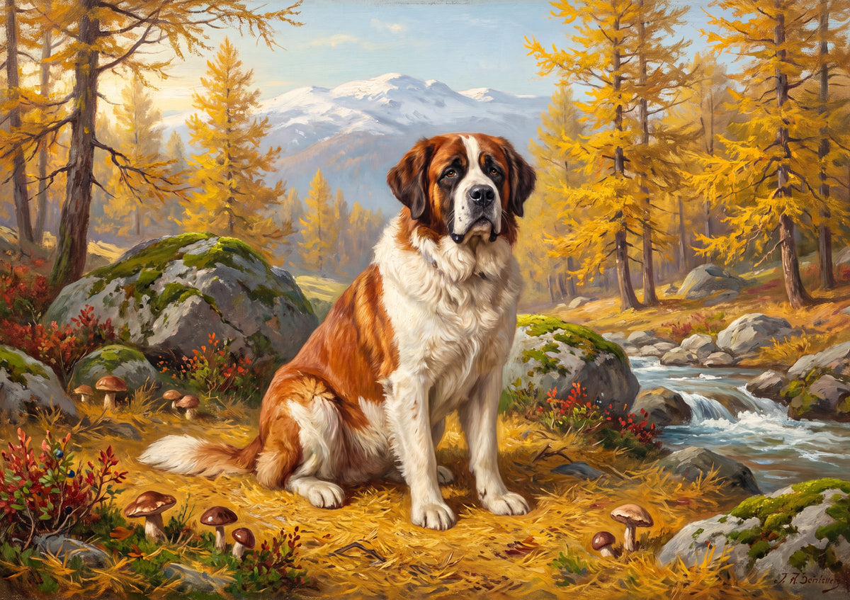 Saint Bernard in the Autumn Larch Forest jigsaw puzzle