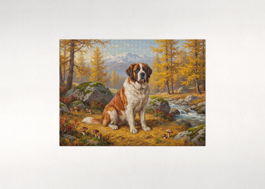 Saint Bernard in the Autumn Larch Forest jigsaw puzzle - gift box