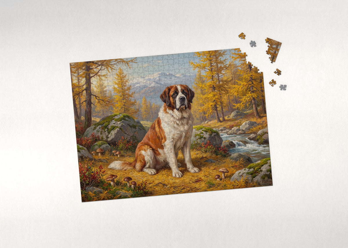 Saint Bernard in the Autumn Larch Forest jigsaw puzzle - puzzle with loose pieces