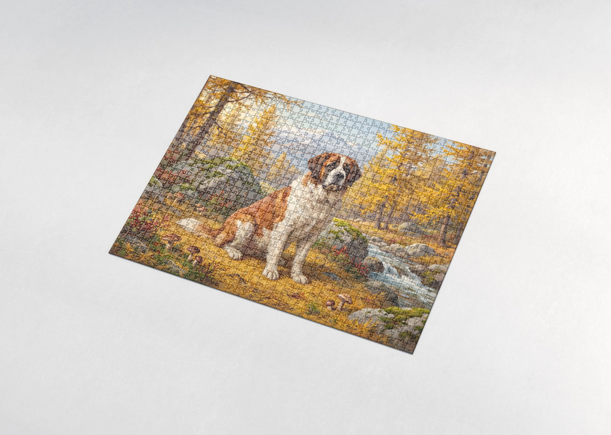 Saint Bernard in the Autumn Larch Forest jigsaw puzzle - assembled puzzle