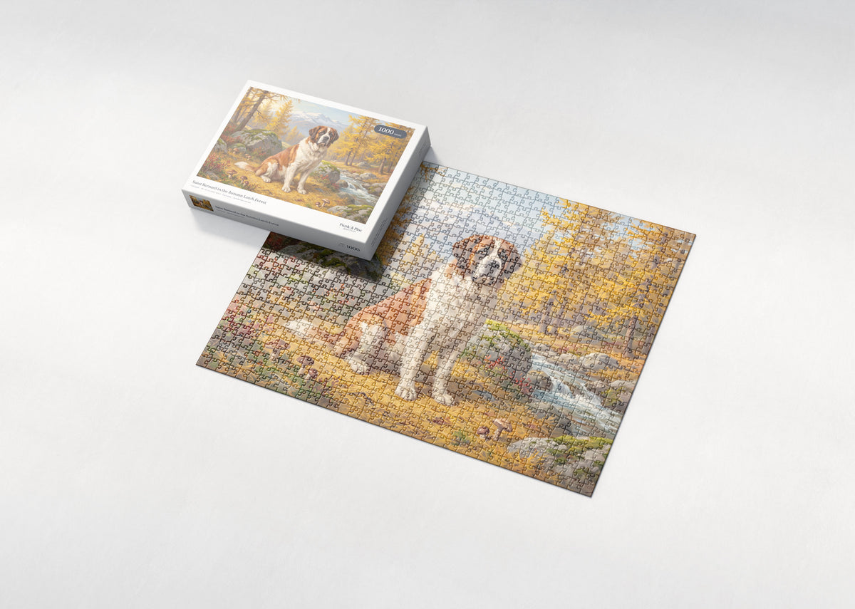 Saint Bernard in the Autumn Larch Forest jigsaw puzzle - box and puzzle