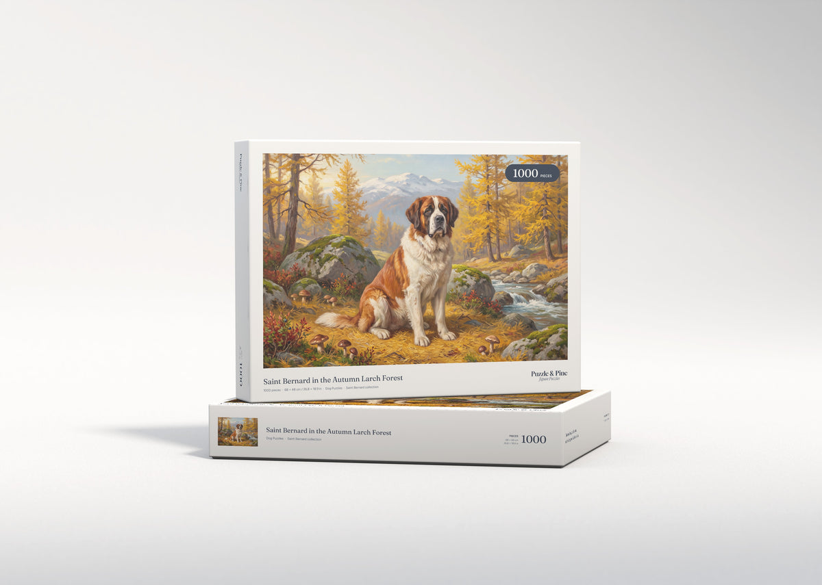 Saint Bernard in the Autumn Larch Forest jigsaw puzzle - gift box