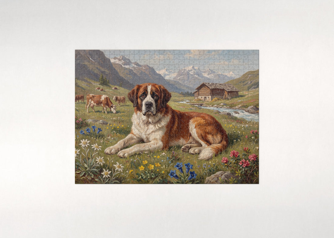 Saint Bernard in the Edelweiss Meadow jigsaw puzzle - gift box