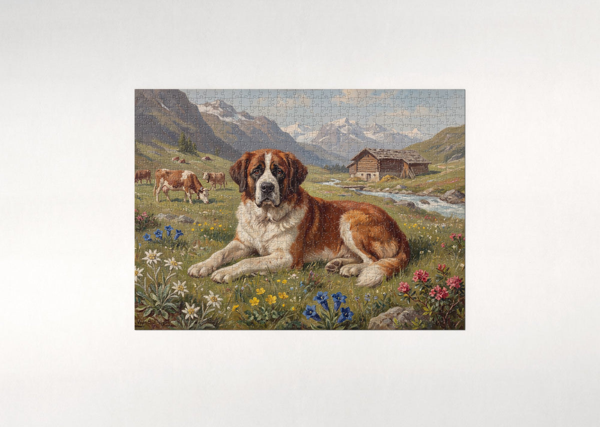 Saint Bernard in the Edelweiss Meadow jigsaw puzzle - flat puzzle