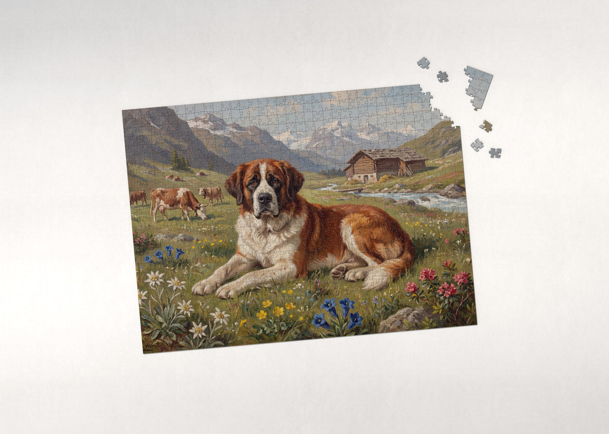 Saint Bernard in the Edelweiss Meadow jigsaw puzzle - puzzle with loose pieces