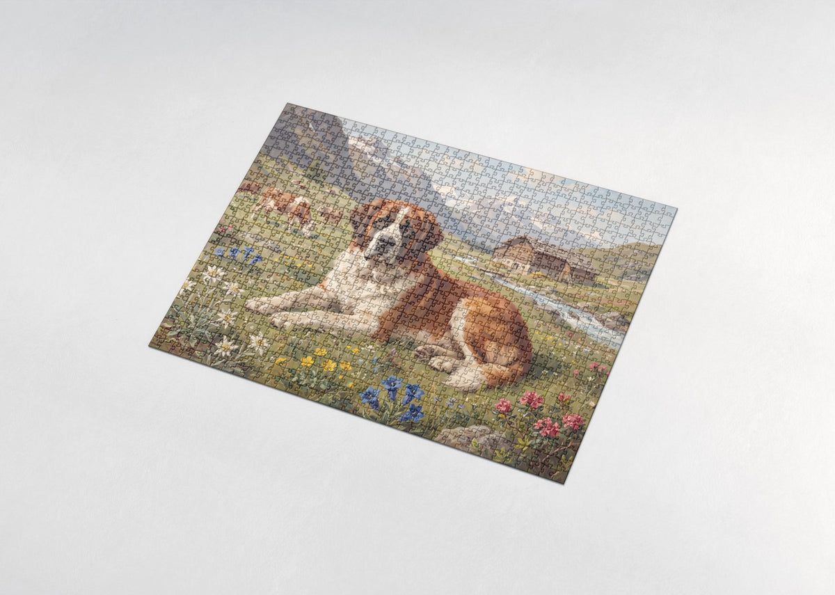 Saint Bernard in the Edelweiss Meadow jigsaw puzzle - assembled puzzle