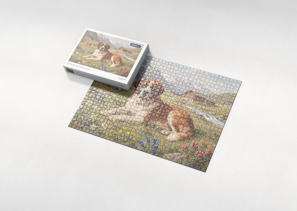 Saint Bernard in the Edelweiss Meadow jigsaw puzzle - box and puzzle