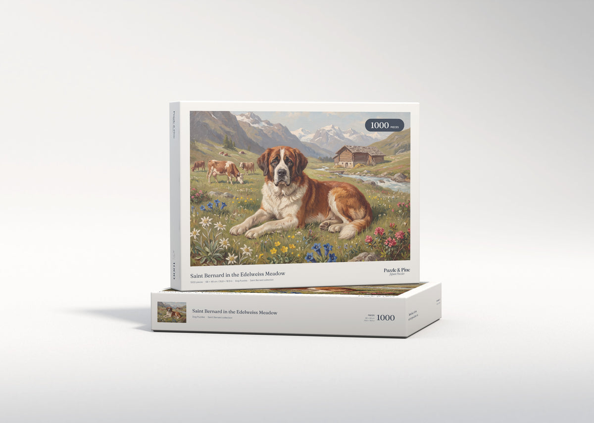 Saint Bernard in the Edelweiss Meadow jigsaw puzzle - gift box